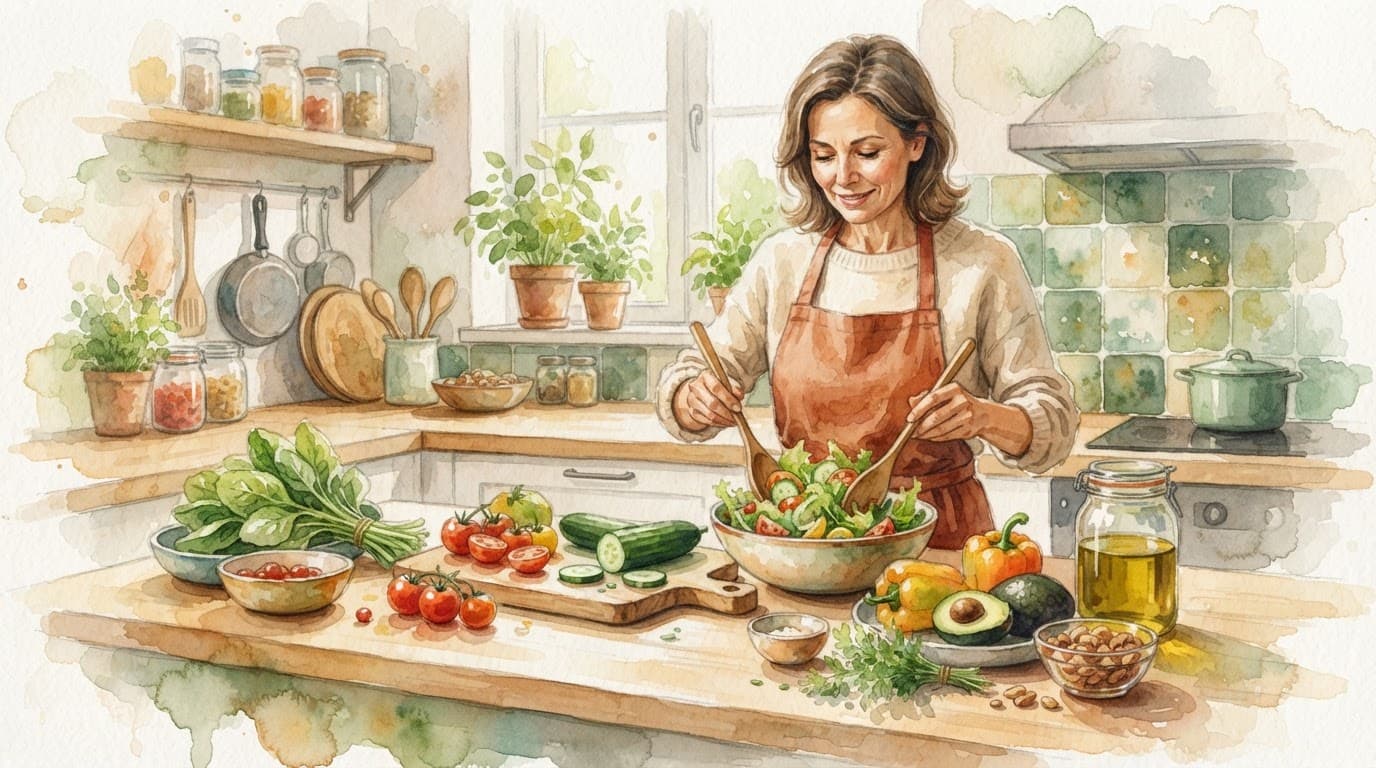 One person prepares a fresh salad with vegetables on a clean kitchen counter.