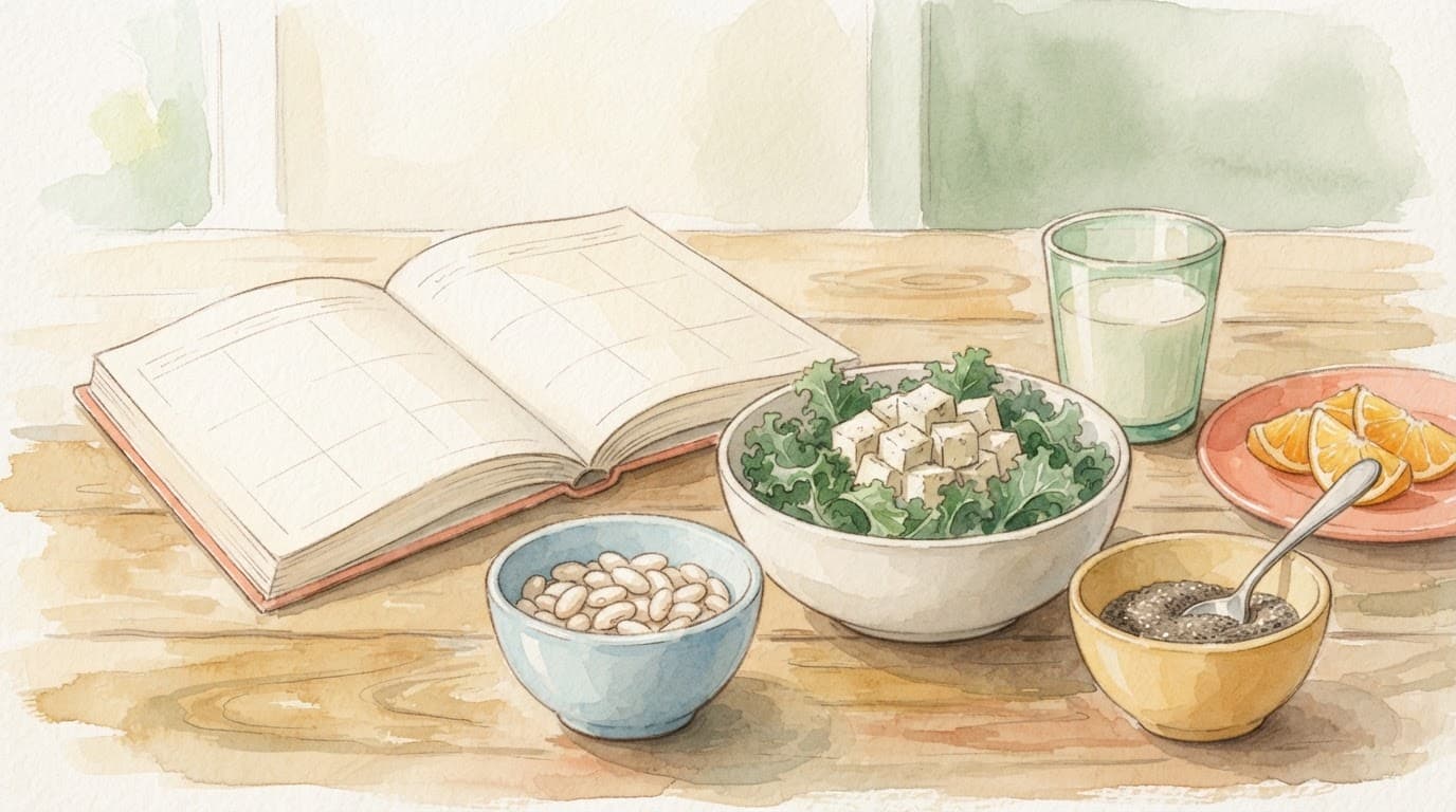 Bowls of calcium-rich foods sit beside a blank weekly planner.