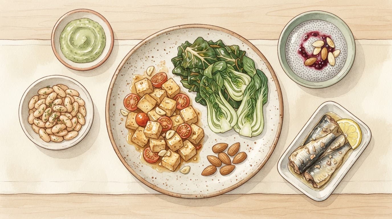 Watercolor meal spread with greens, beans, chia pudding, and fish.
