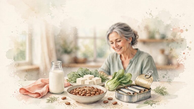 A woman prepares a dairy-free meal with tofu, greens, beans, soy milk, sesame, and sardines.
