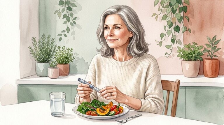 Postmenopausal woman holding an injection pen beside vegetables and water at a kitchen table.