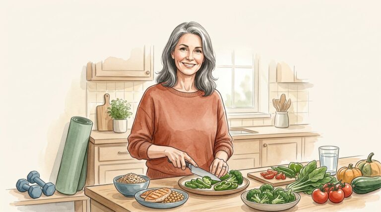 A woman prepares a healthy meal beside a yoga mat, dumbbells, and water.