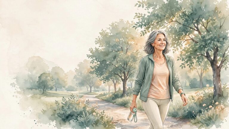 A smiling older woman walks along a leafy park path with a water bottle.