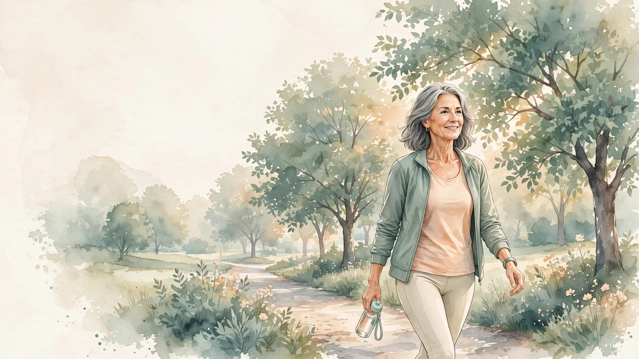 A smiling older woman walks along a leafy park path with a water bottle.