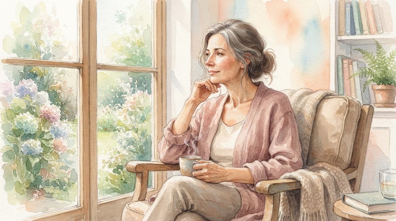 A woman rests calmly beside a softly lit window in a pastel watercolor painting.