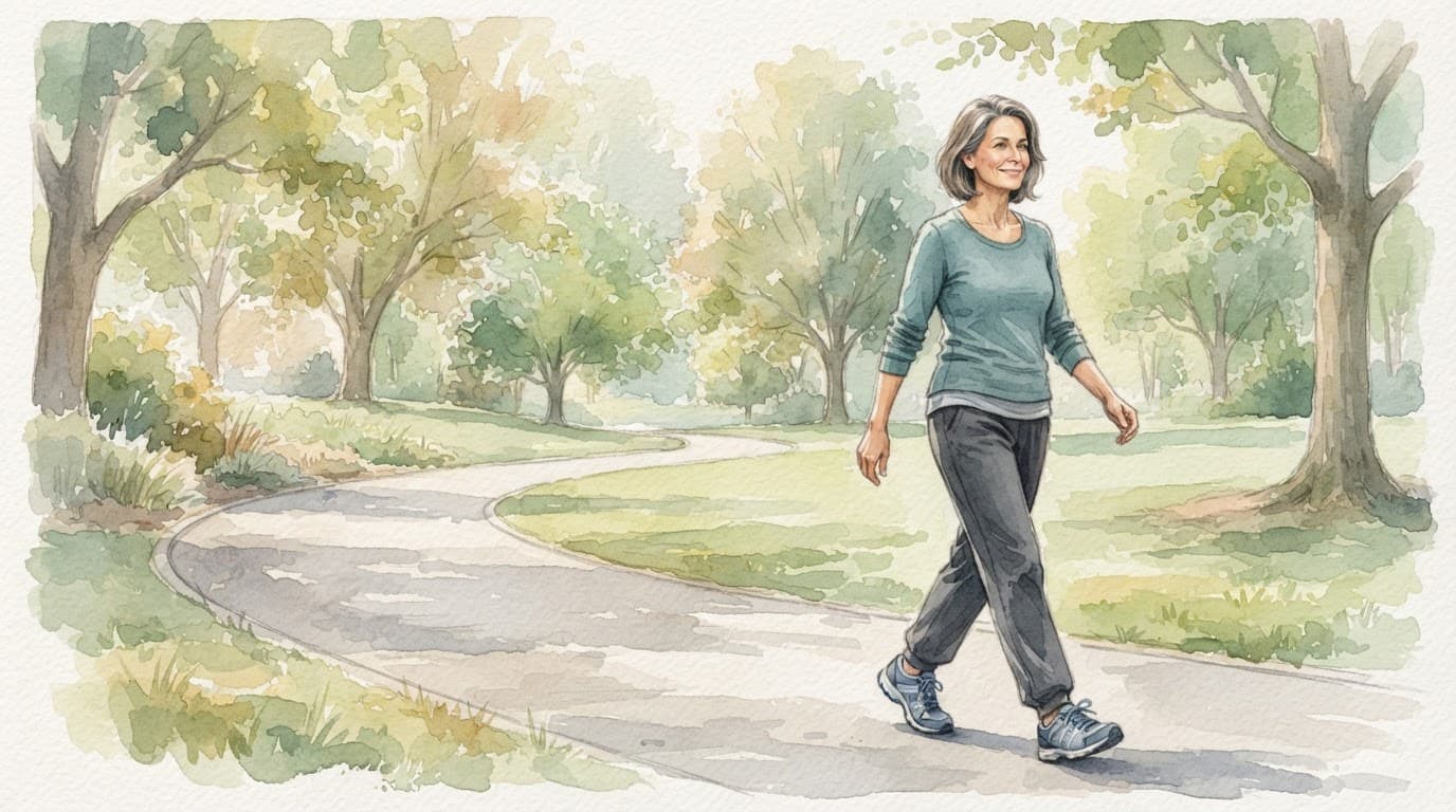 Woman over 50 walking on a paved path through a leafy park.