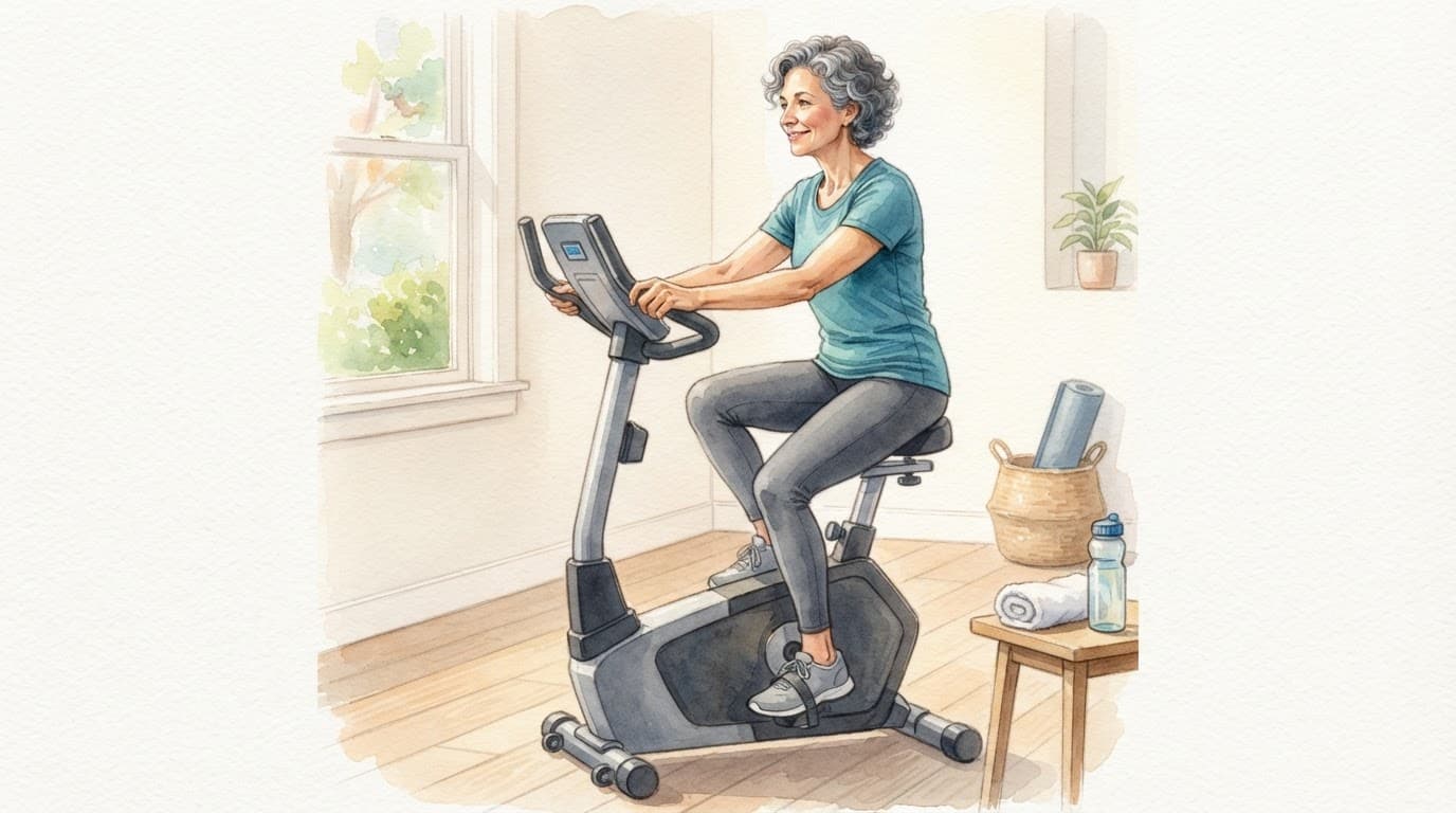 Woman over 50 calmly cycling indoors beside a window with a water bottle and towel.