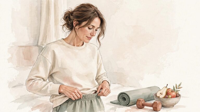 A woman adjusts her waistband near a yoga mat, dumbbell, and bowl of fruit.