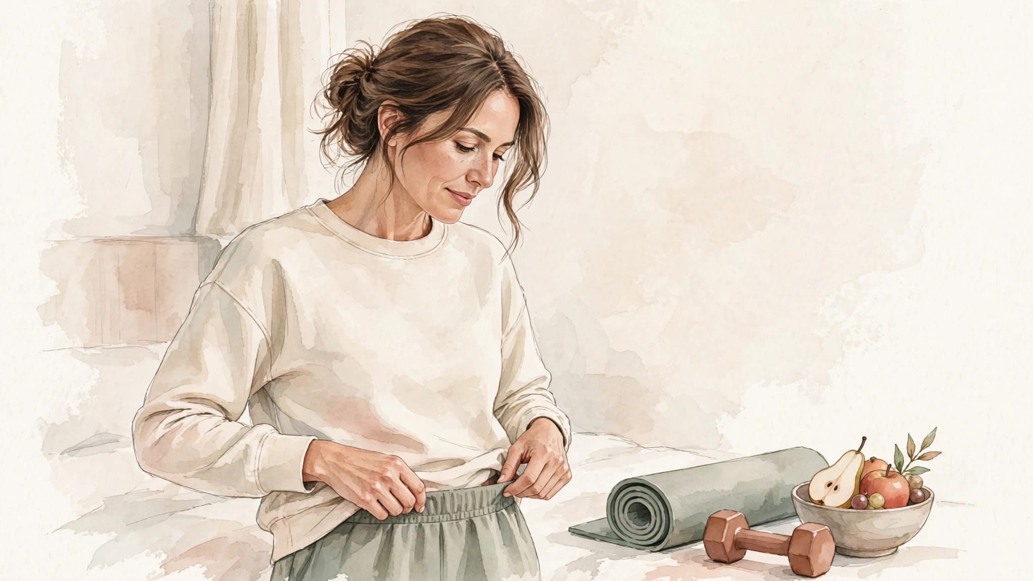 A woman adjusts her waistband near a yoga mat, dumbbell, and bowl of fruit.
