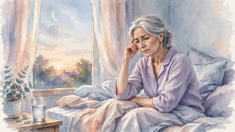 Older woman sitting on a bed at dawn with one hand near her temple.