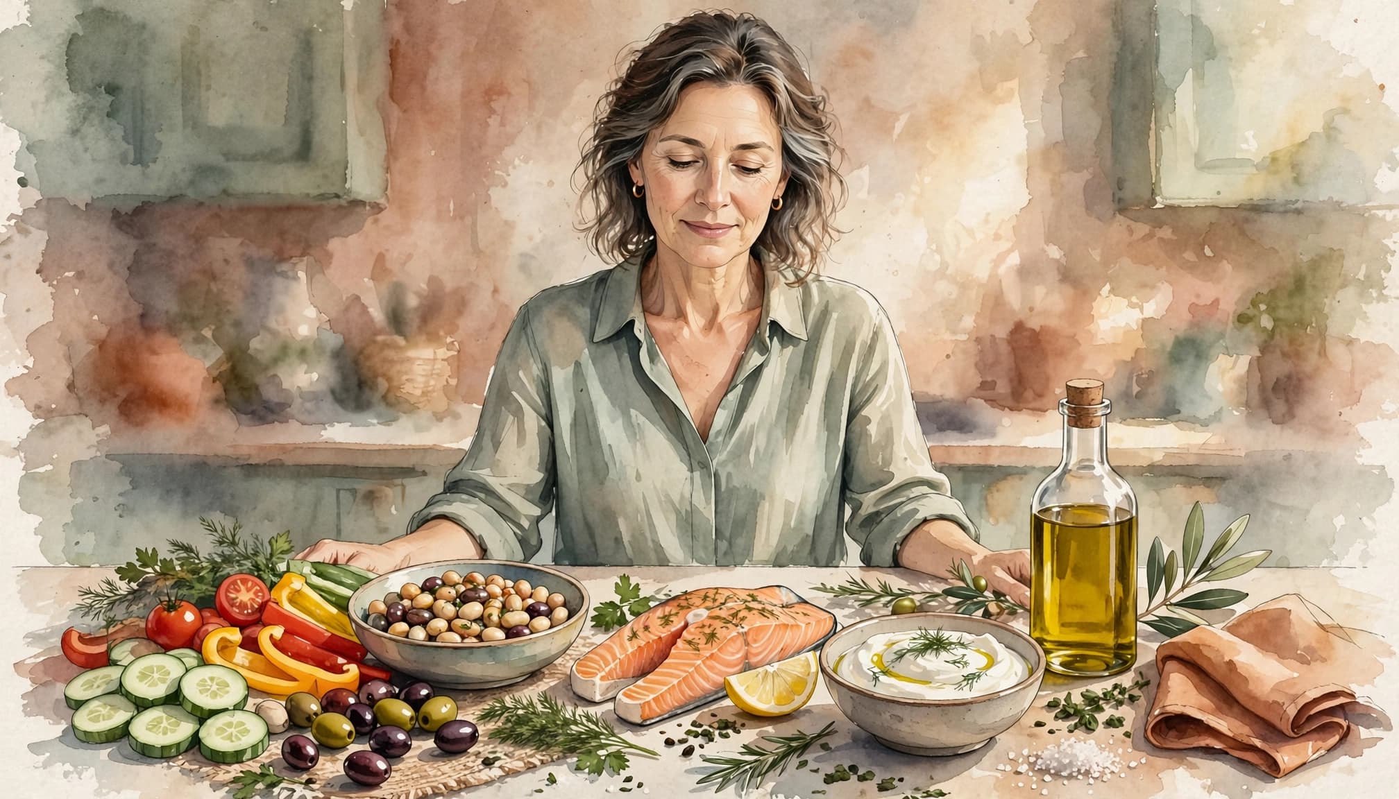 Woman standing behind a counter with salmon, vegetables, beans, olive oil, and yogurt.