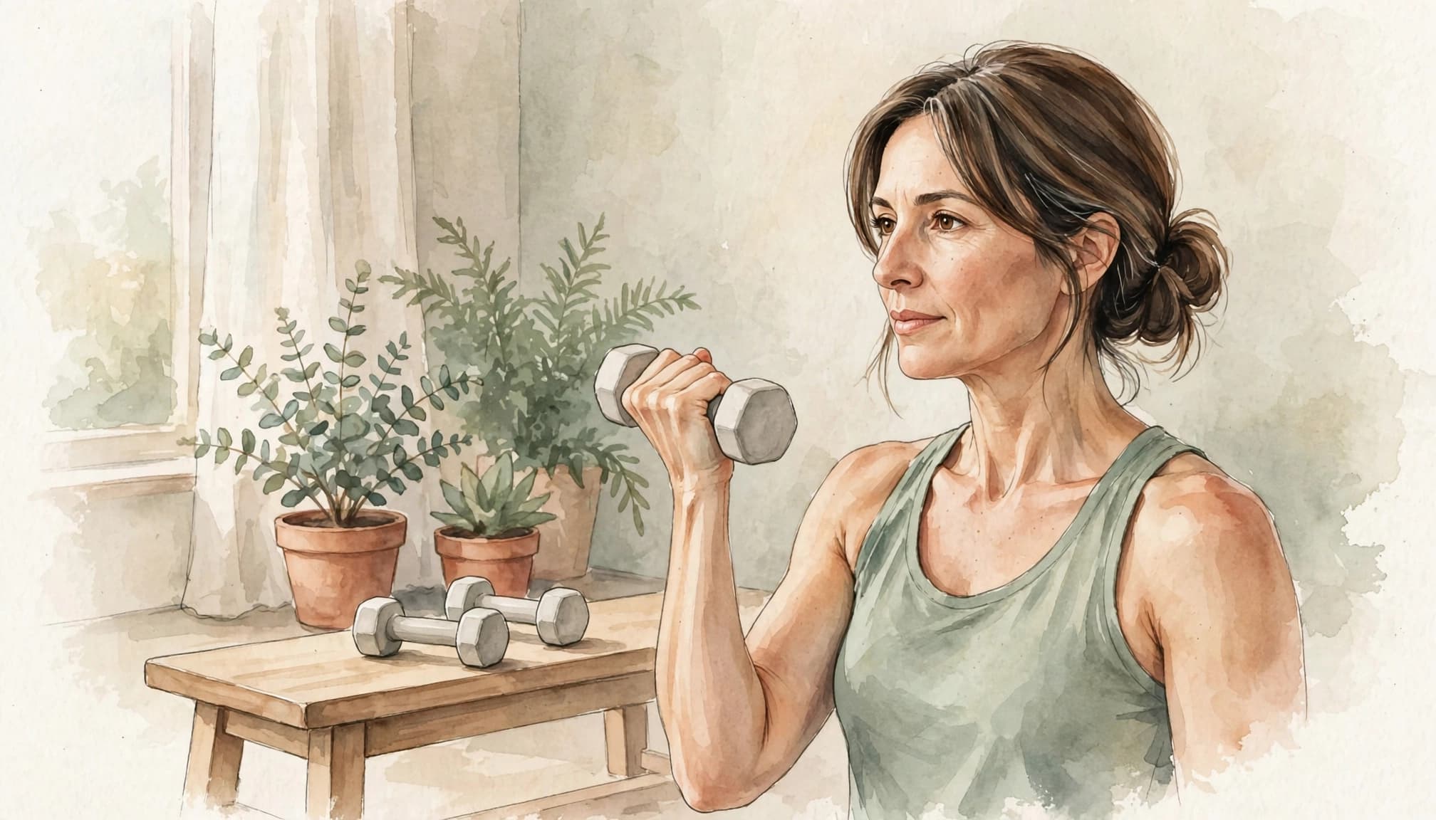 Woman lifting dumbbells beside a bench in a softly lit home workout space.